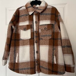 Avec Les Filles Tan and White Plaid Shirt Jacket Size 1X